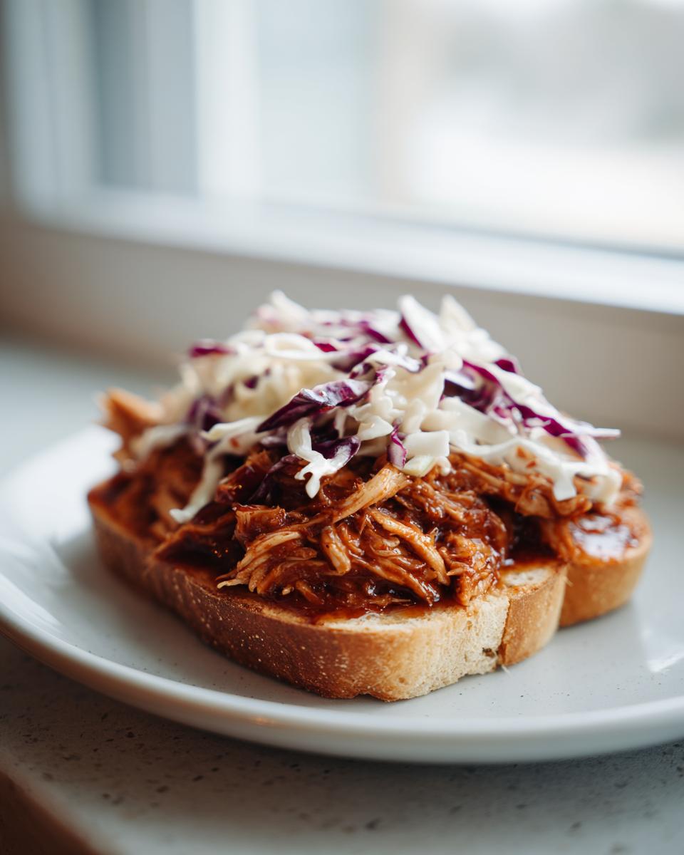 Nahaufnahme eines offenen Pulled Chicken Sandwich mit viel BBQ-Sauce und Krautsalat auf einem Stück Toast.