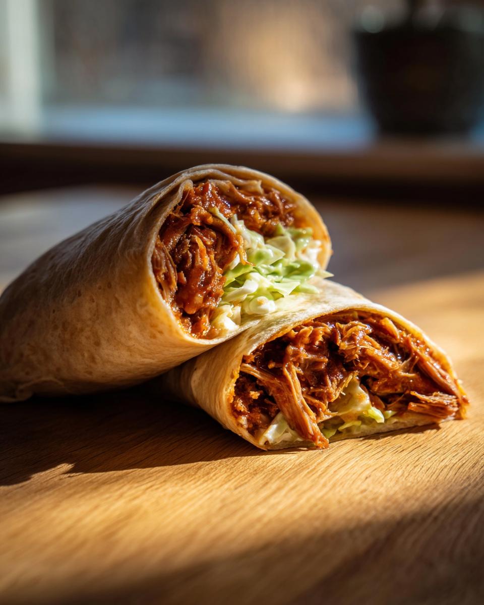 Zwei Hälften eines Pulled-Pork-Wraps mit zartem Fleisch und Krautsalat auf Holzbrett.