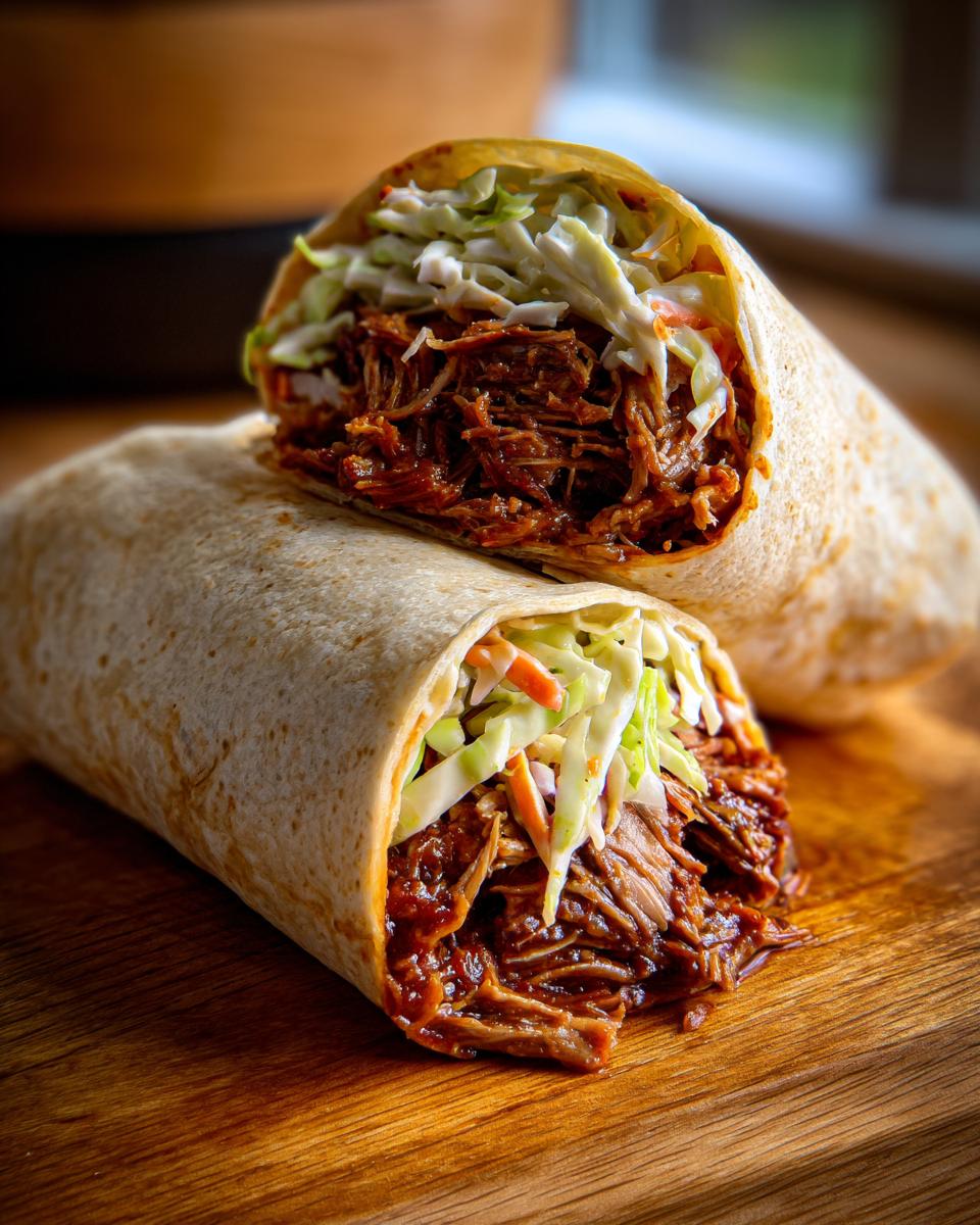 Zwei Hälften eines saftigen Pulled-Pork-Wraps mit Krautsalat auf einem Holzbrett.