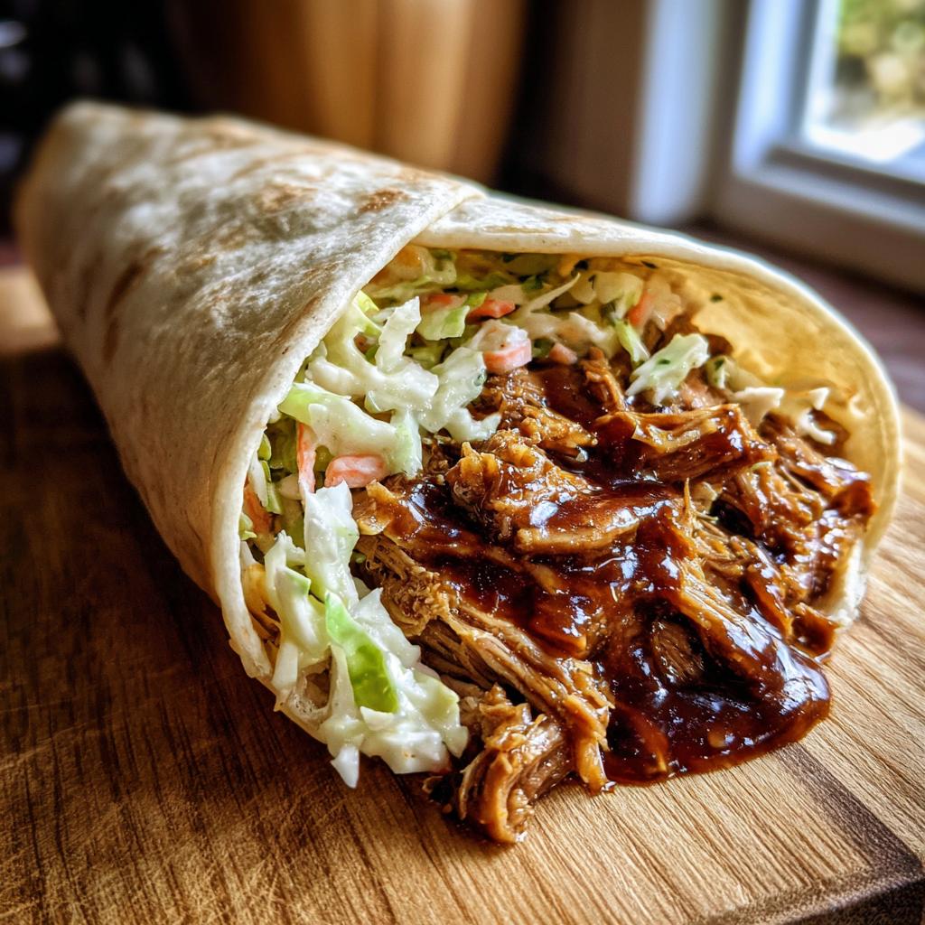 Nahaufnahme eines Pulled-Pork-Wrap, gefüllt mit zartem Fleisch und cremiger Krautsalat.