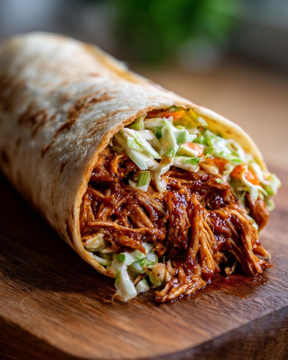 Nahaufnahme eines saftigen Pulled-Pork-Wrap gefüllt mit BBQ-Fleisch und knackigem Krautsalat.