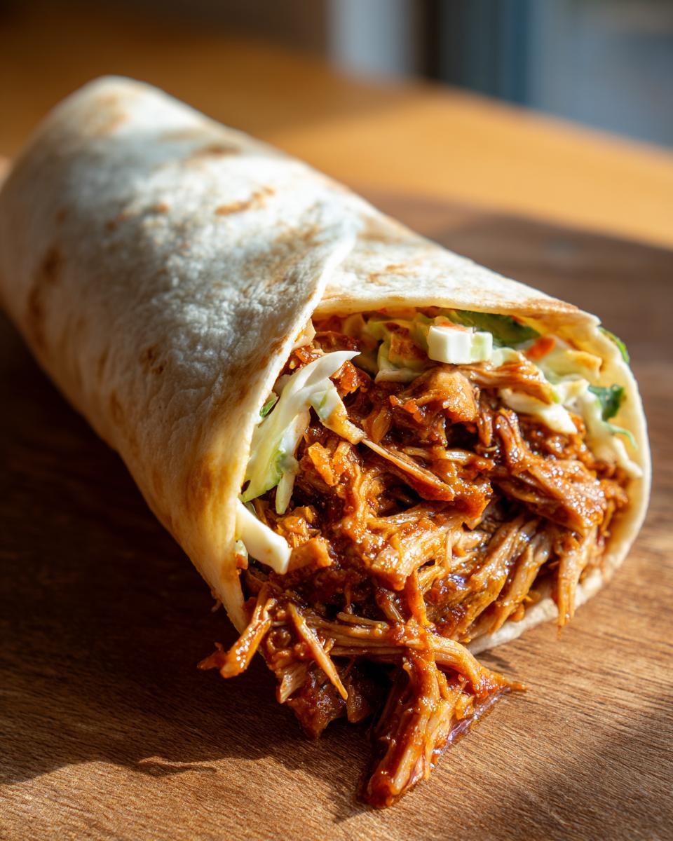 Nahaufnahme eines perfekt gefüllten Pulled-Pork-Wrap mit zartem Fleisch und knackigem Krautsalat auf Holz.