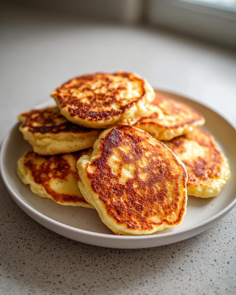 Ein Stapel fluffiger, goldbraun gebratener Quark-Pancakes auf einem hellen Teller, bereit zum Genuss.