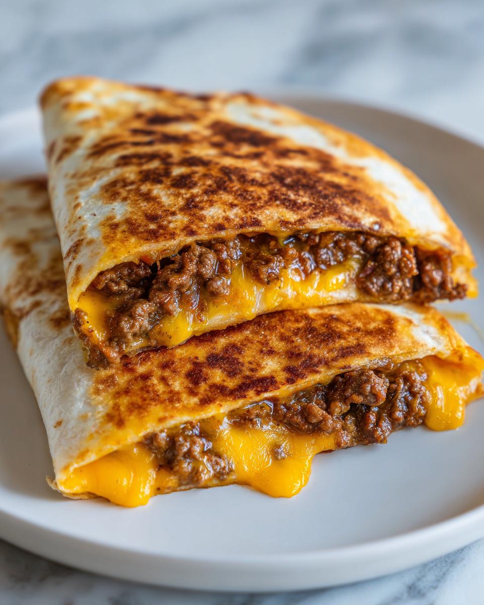 Zwei Hälften einer goldbraun gebratenen Quesadilla mit Hackfleisch und geschmolzenem Käse auf einem weißen Teller.