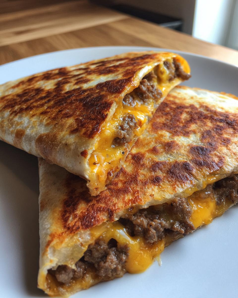 Nahaufnahme einer aufgeschnittenen Quesadilla mit Hackfleisch und herrlich geschmolzenem Käse.