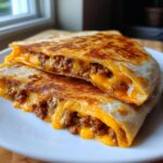 Zwei Hälften einer goldbraun gebratenen Quesadilla mit Hackfleisch und geschmolzenem Käse.