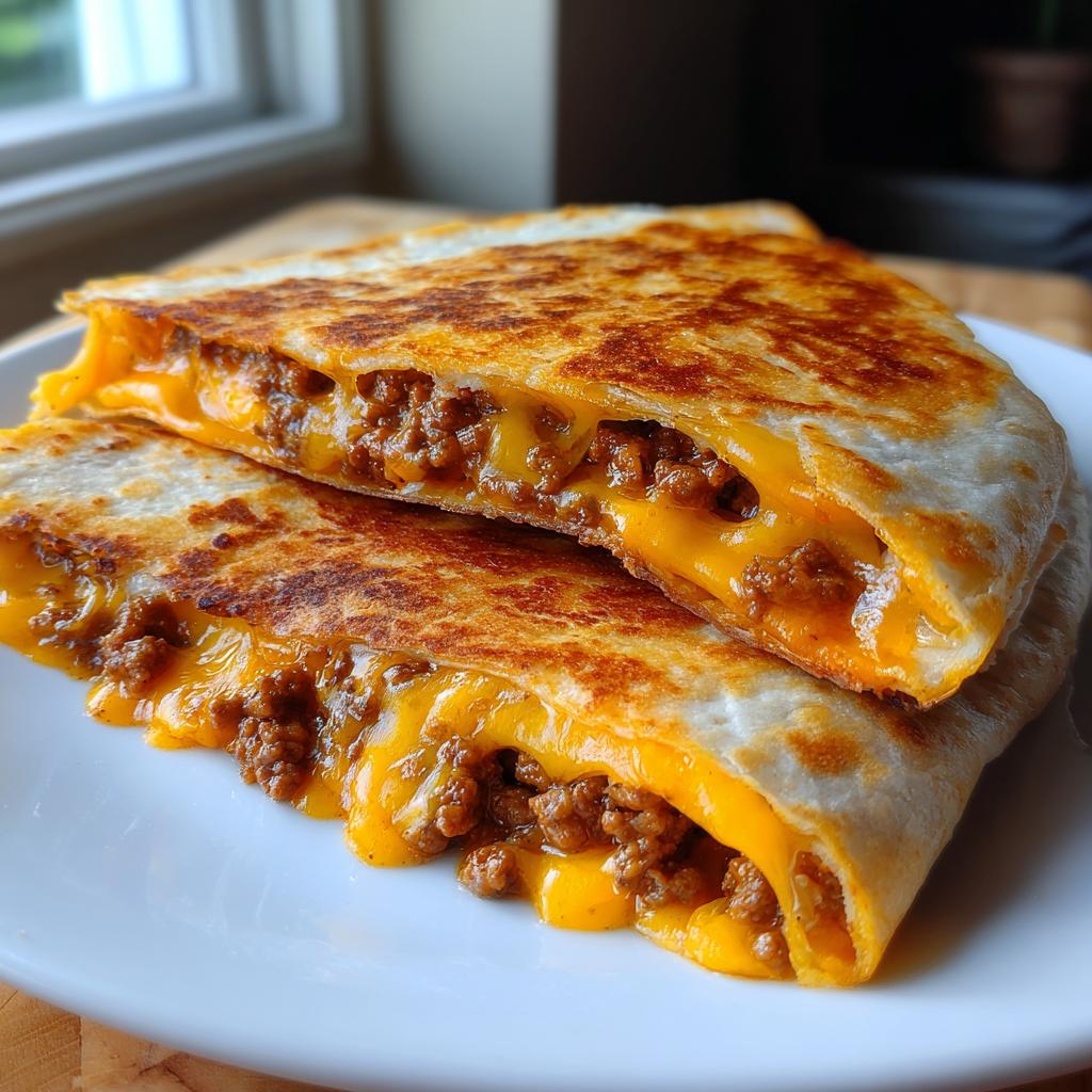 Zwei Hälften einer goldbraun gebratenen Quesadilla mit Hackfleisch und geschmolzenem Käse.