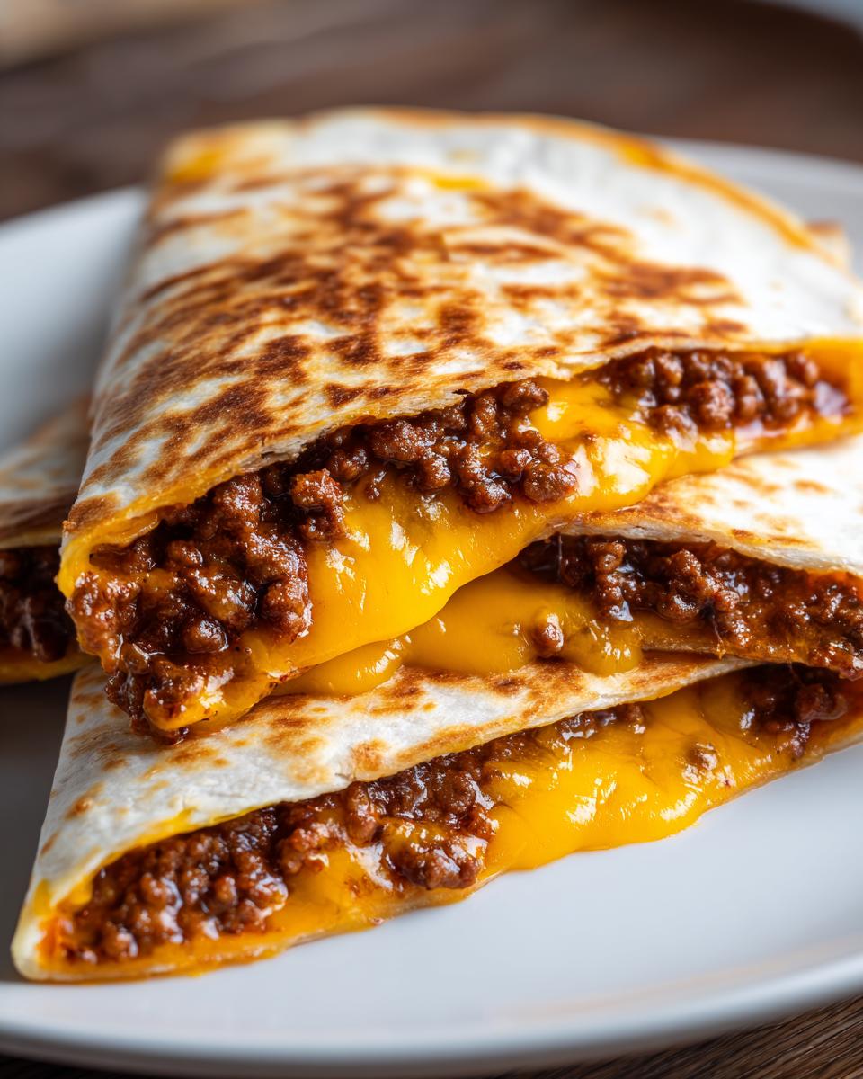 Nahaufnahme von zwei dreieckigen Stücken Quesadilla mit Hackfleisch und geschmolzenem, goldgelbem Käse.