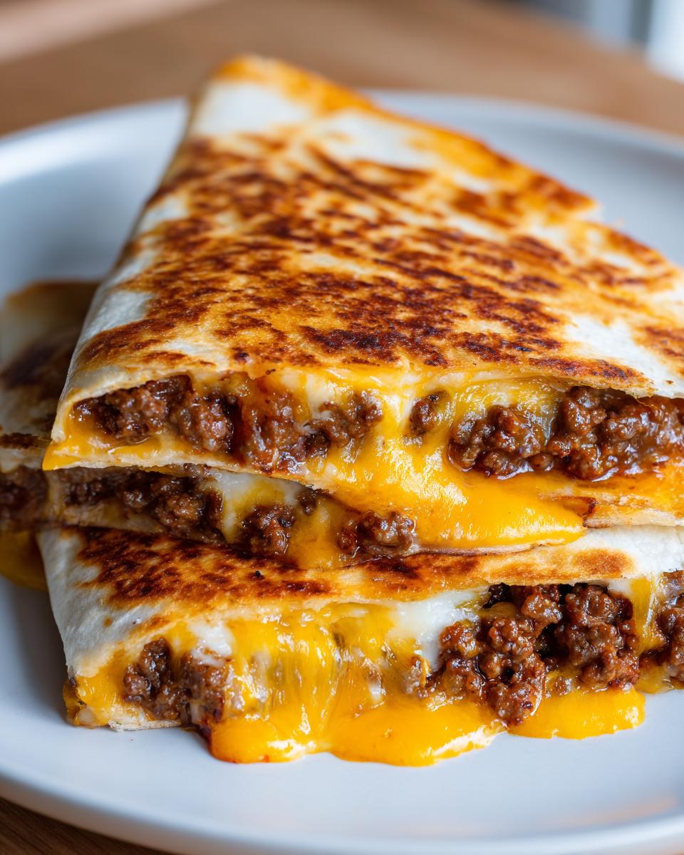 Nahaufnahme von zwei gestapelten Quesadilla-Stücken mit Hackfleisch und viel geschmolzenem, goldgelbem Käse.