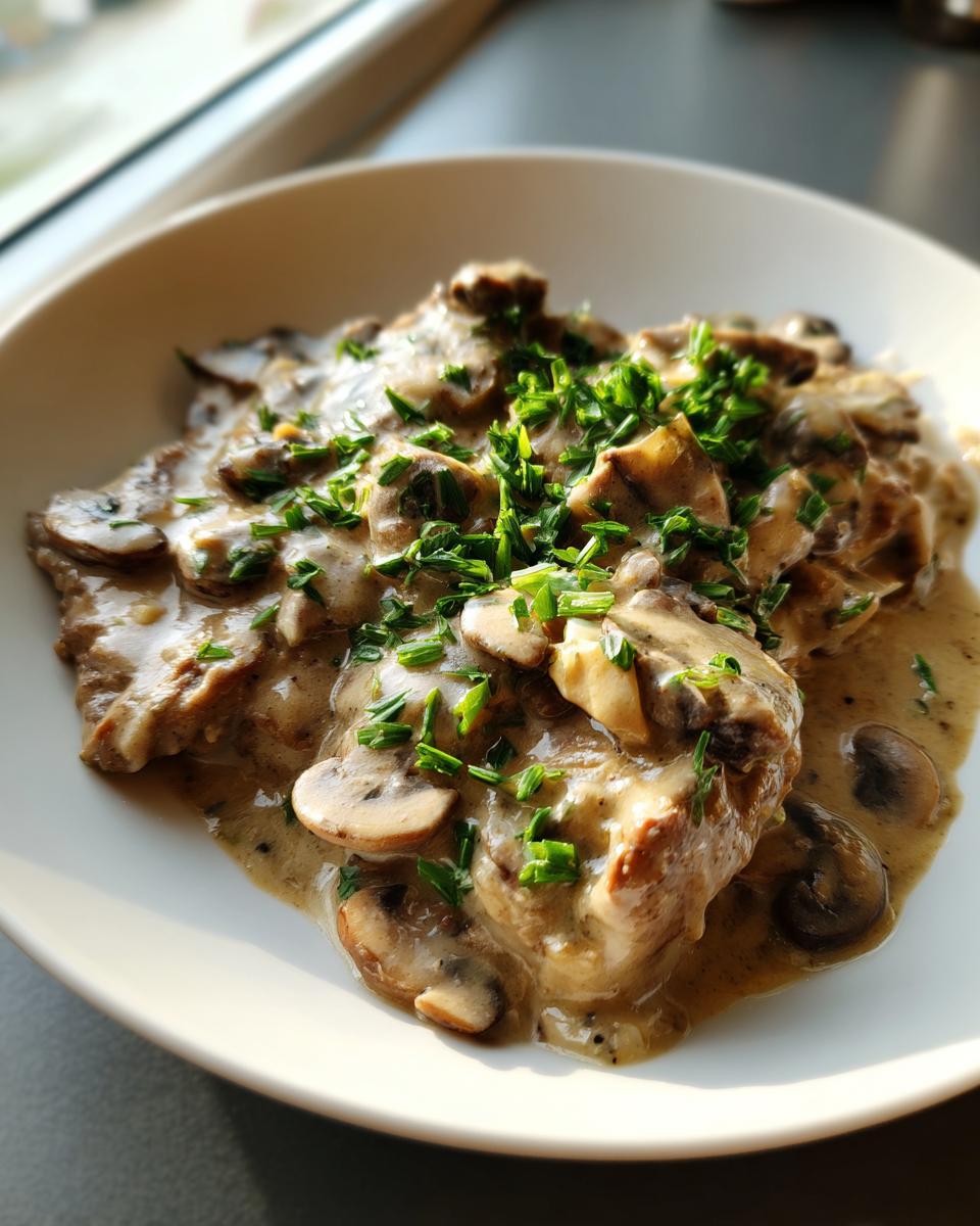 Nahaufnahme von cremigem Rahmgeschnetzeltes Zürcher Art mit Pilzen und frischem Schnittlauch.