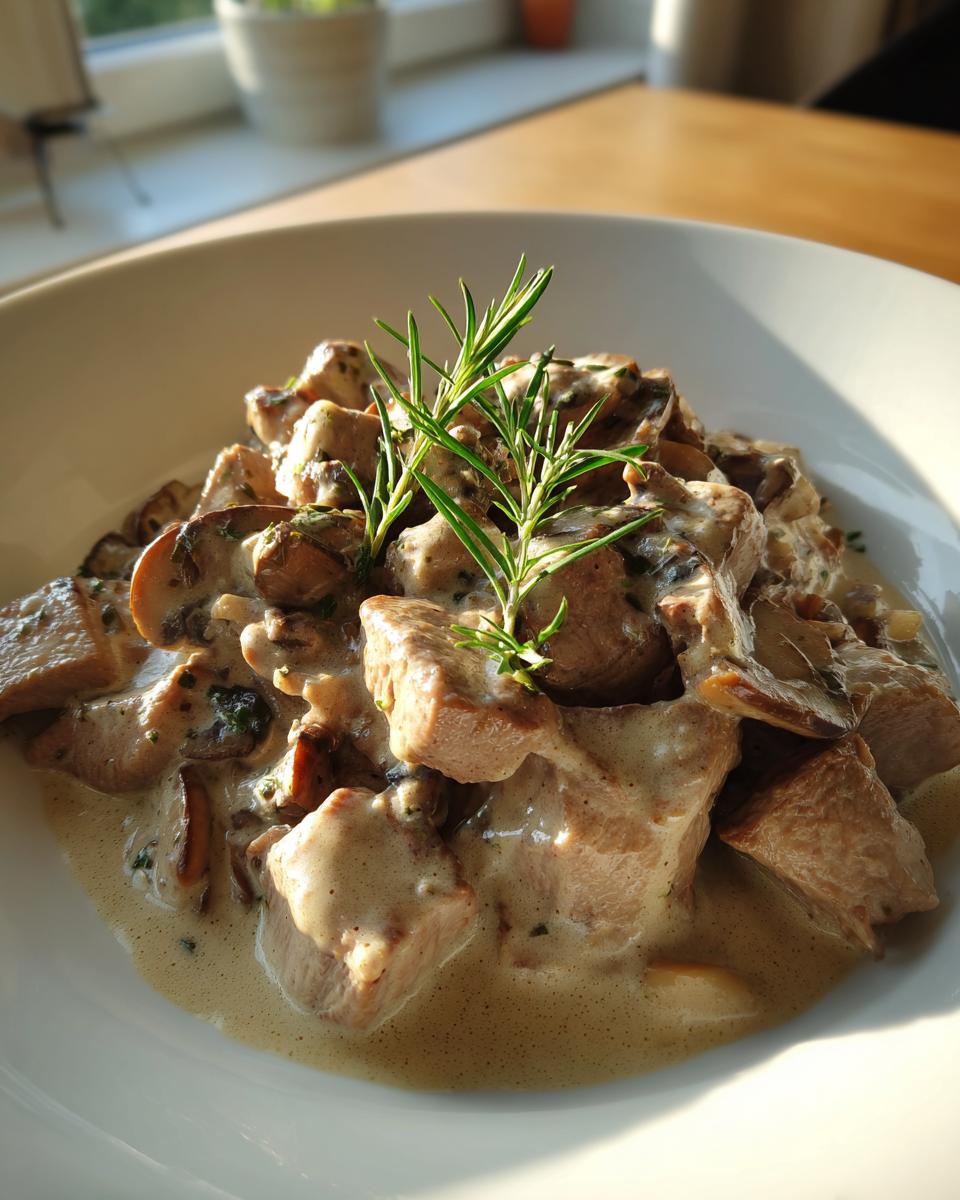 Nahaufnahme von saftigem Rahmgeschnetzeltes Zürcher Art in cremiger Sauce, garniert mit frischem Rosmarin.