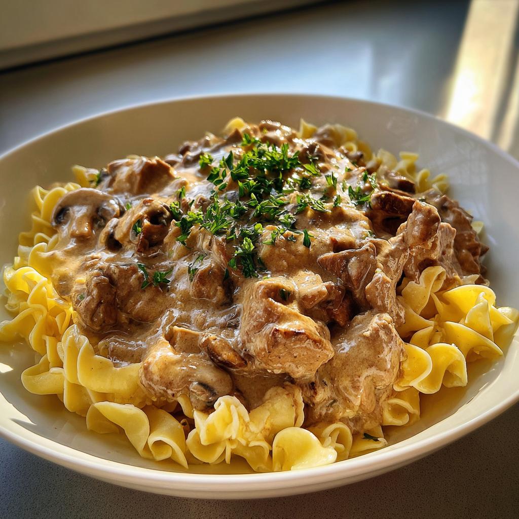 Ein Teller mit cremigem Rahmgeschnetzeltes Zürcher Art und Eiernudeln, garniert mit frischer Petersilie.