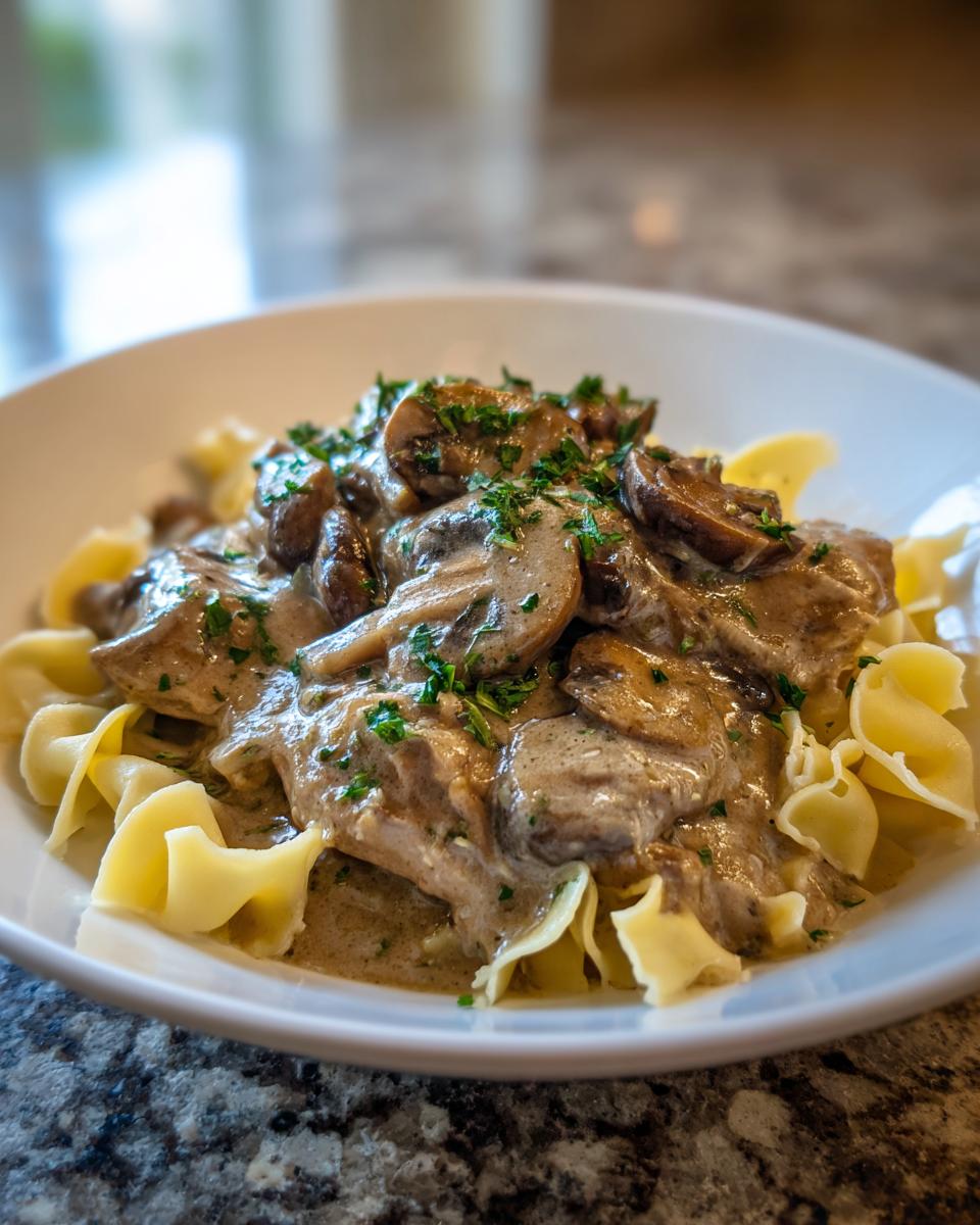 Teller mit cremigem Rahmgeschnetzeltes Zürcher Art und breiten Eiernudeln, garniert mit Petersilie.