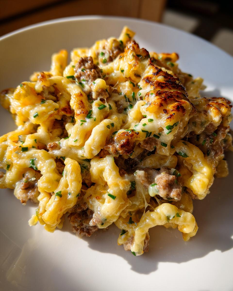 Nahaufnahme von cremigem Rahmkritharaki mit Hackfleisch, überbacken mit goldbraunem Käse und Schnittlauch.