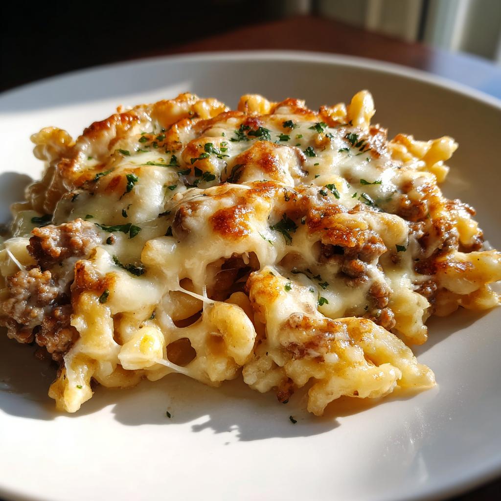 Nahaufnahme von Rahmkritharaki mit Hackfleisch, bedeckt mit geschmolzenem, goldbraun gebackenem Käse und Petersilie.