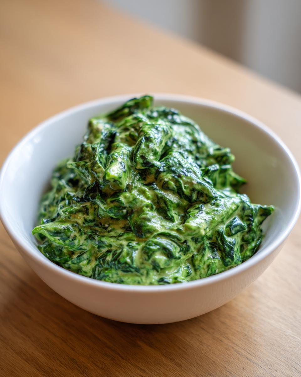 Nahaufnahme von cremigem Rahmspinat in einer weißen Schüssel, ideal für One-Pot Rahmspinat-Nudeln mit Knoblauch.