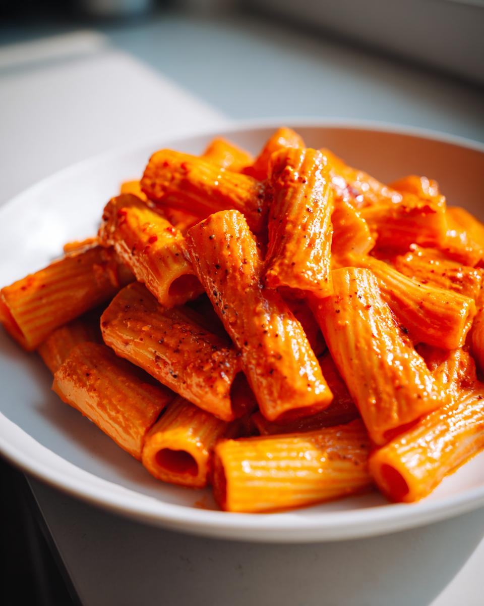 Nahaufnahme von Rigatoni in einer leuchtend orangen, cremigen Paprika-Sahnesauce, bestreut mit dunklem Pfeffer.