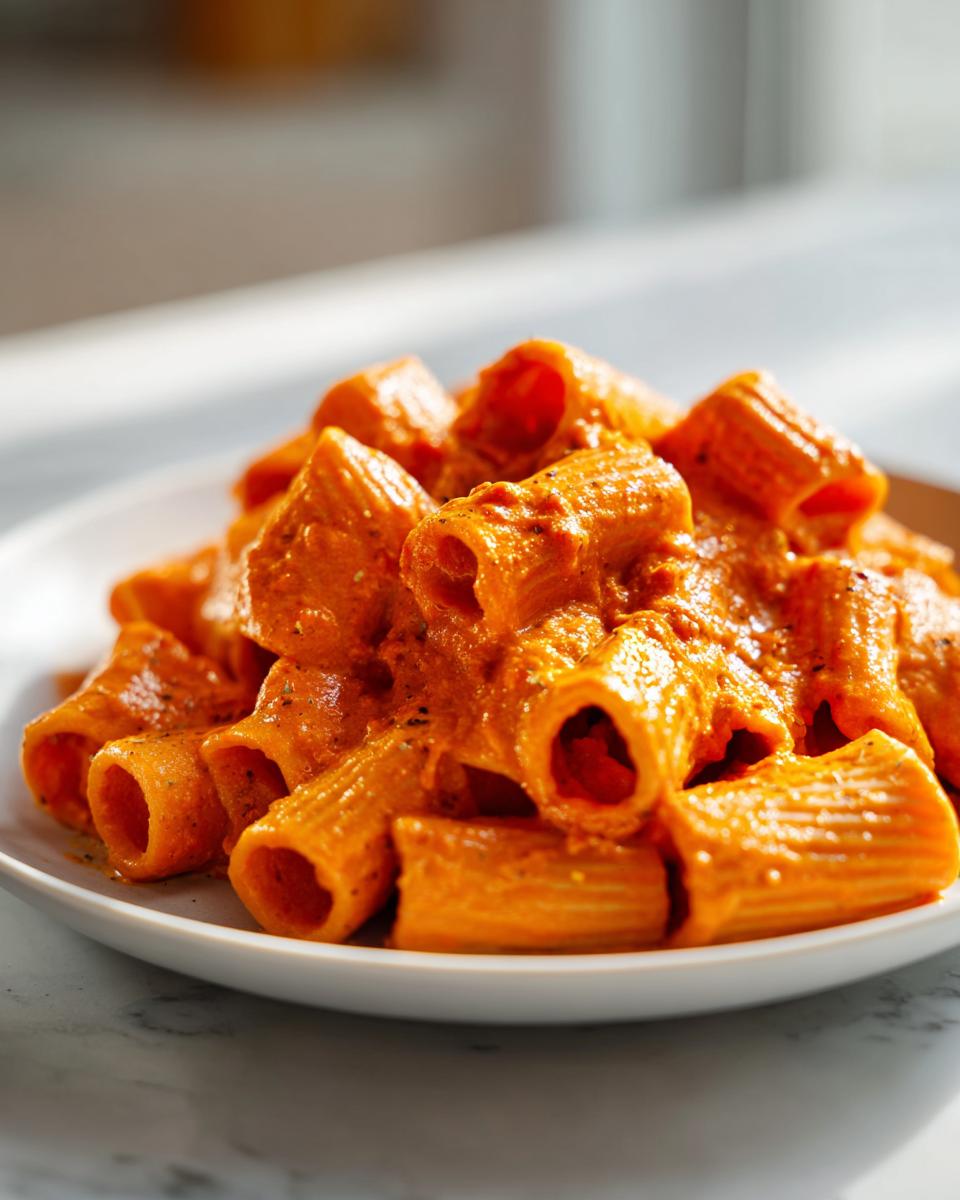 Nahaufnahme von Rigatoni in einer leuchtend orange-roten, cremigen Paprika-Sahnesauce auf einem weißen Teller.