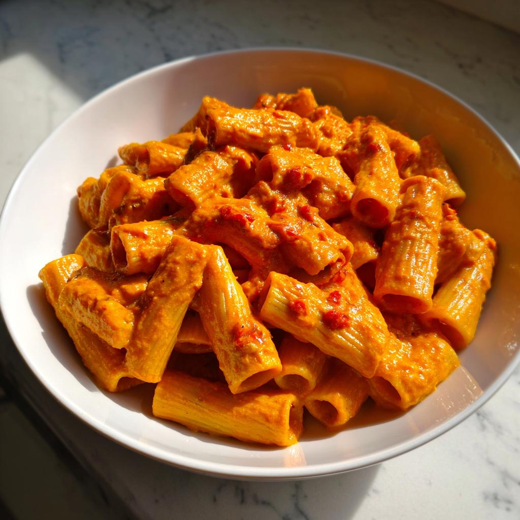 Nahaufnahme von Rigatoni in einer leuchtend orangefarbenen, cremigen Paprika-Sahnesauce in einer weißen Schüssel.