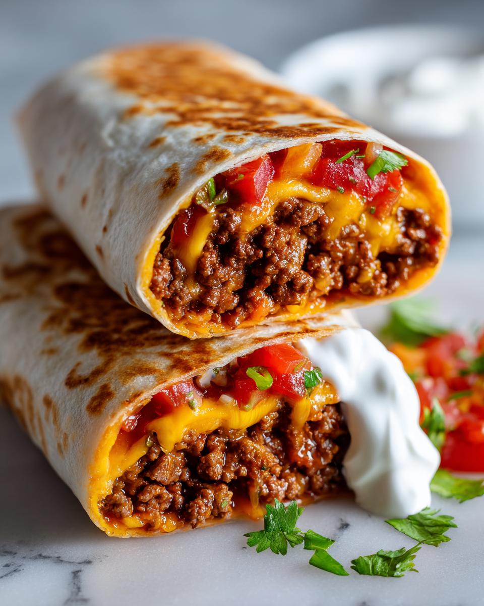 Nahaufnahme von zwei Hälften eines Rindfleisch-Burrito, gefüllt mit Hackfleisch, Käse und Tomaten, garniert mit saurer Sahne.