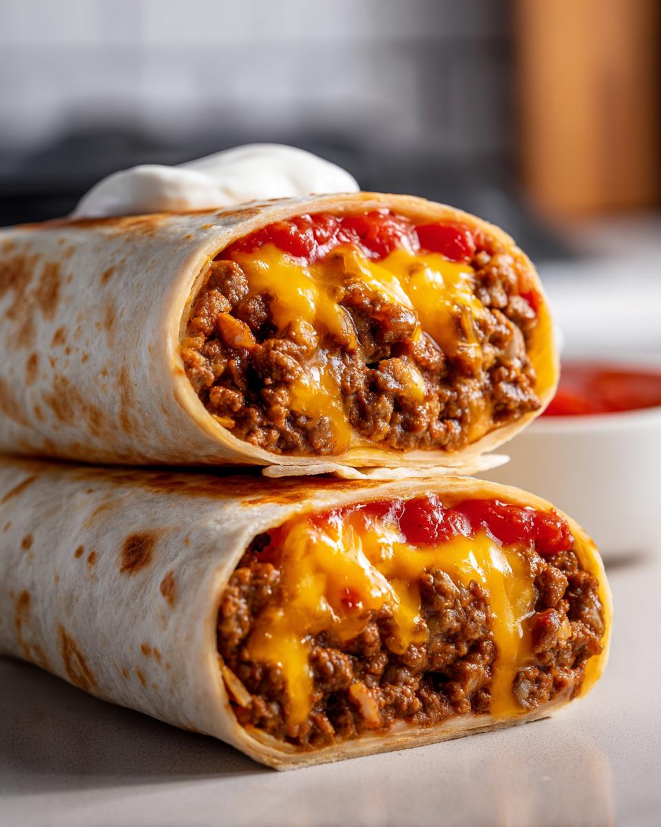 Nahaufnahme von zwei Hälften eines saftigen Rindfleisch-Burrito, gefüllt mit Hackfleisch, geschmolzenem Käse und Salsa.