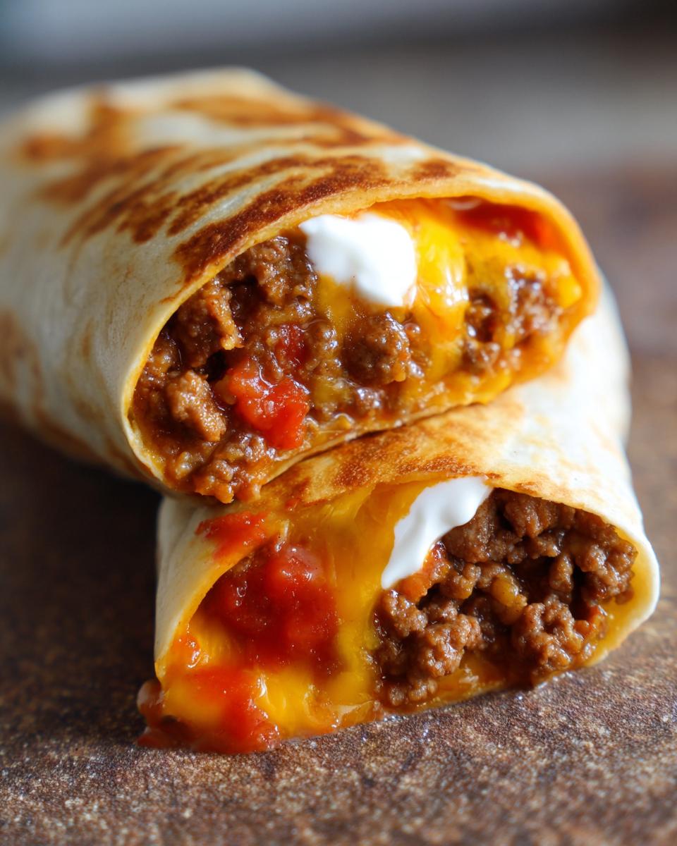 Nahaufnahme eines aufgeschnittenen Rindfleisch-Burrito, gefüllt mit gewürztem Hackfleisch, geschmolzenem Käse und einem Klecks saurer Sahne.