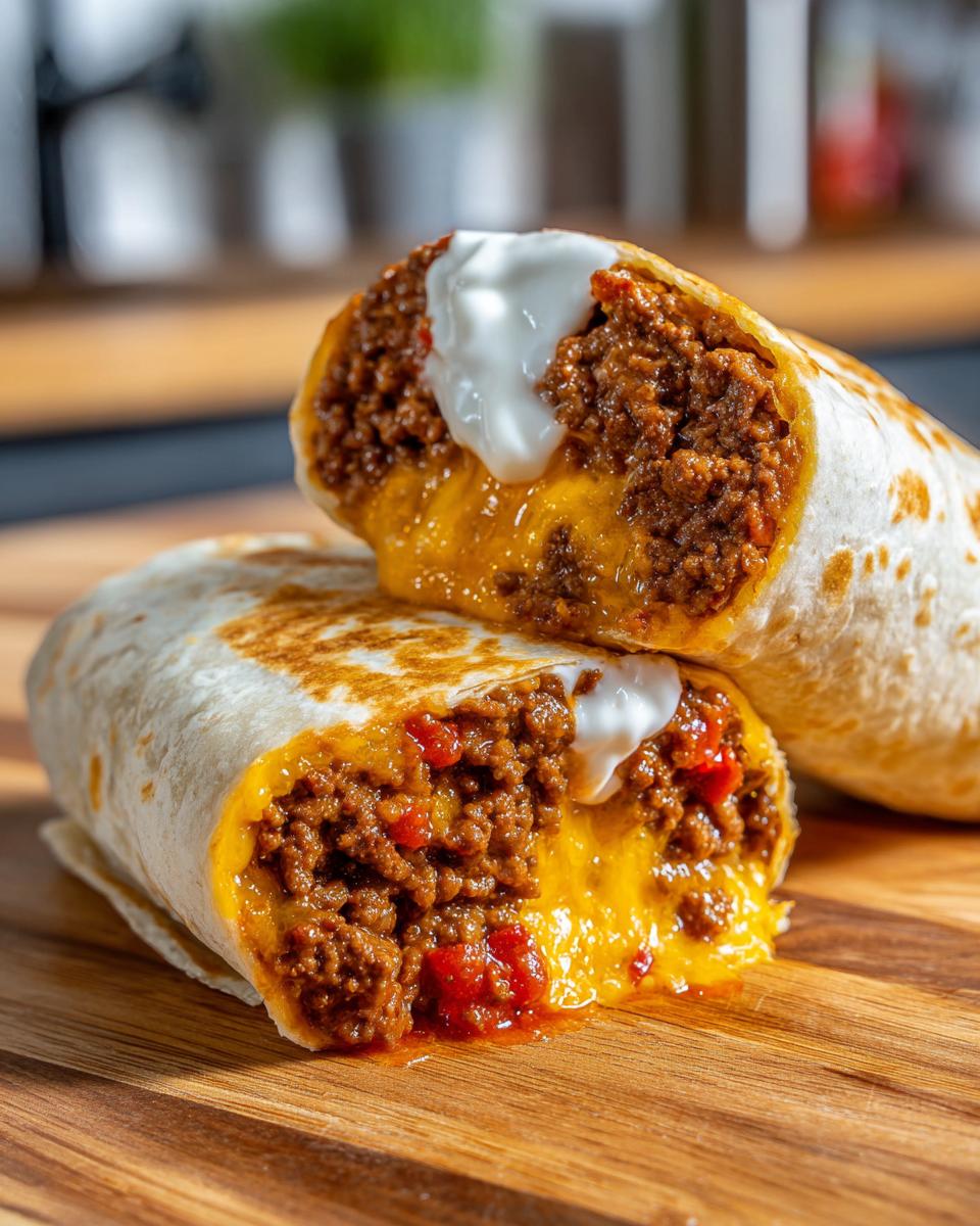 Aufgeschnittener Rindfleisch-Burrito mit viel Hackfleisch, geschmolzenem Käse und einem Klecks saurer Sahne.