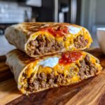 Nahaufnahme eines aufgeschnittenen Rindfleisch-Burrito, gefüllt mit Hackfleisch, geschmolzenem Käse und Toppings.