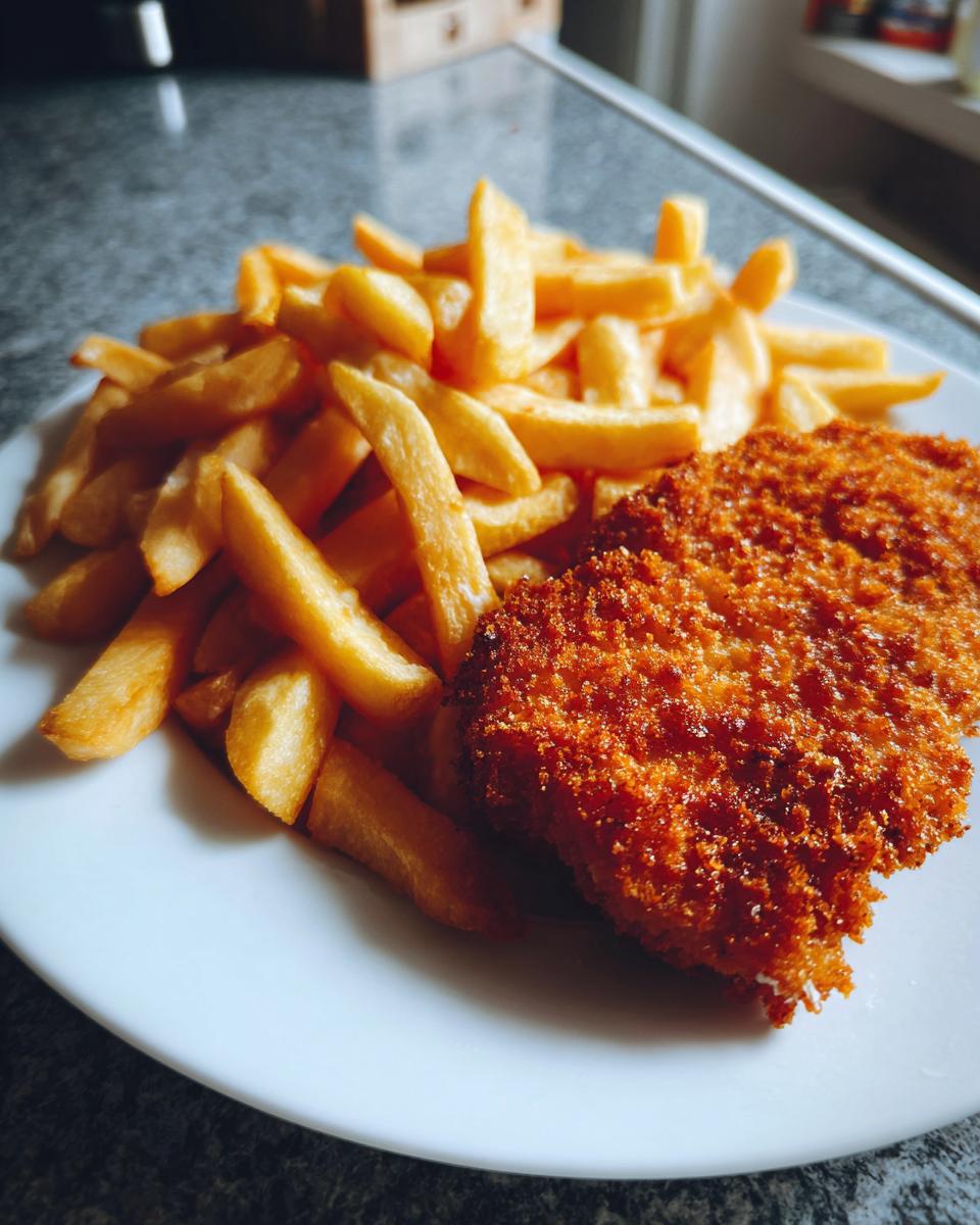 Nahaufnahme von saftigen Kotlety mit Pommes auf einem weißen Teller, perfekt paniert und goldbraun.