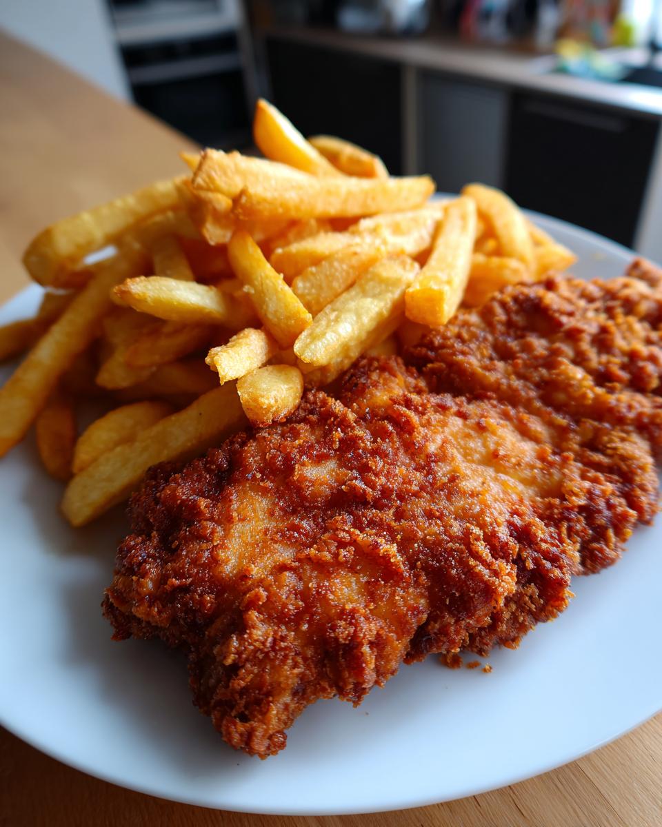 Ein Teller mit goldbraunen, knusprigen Kotlety und einer großen Portion Pommes Frites.