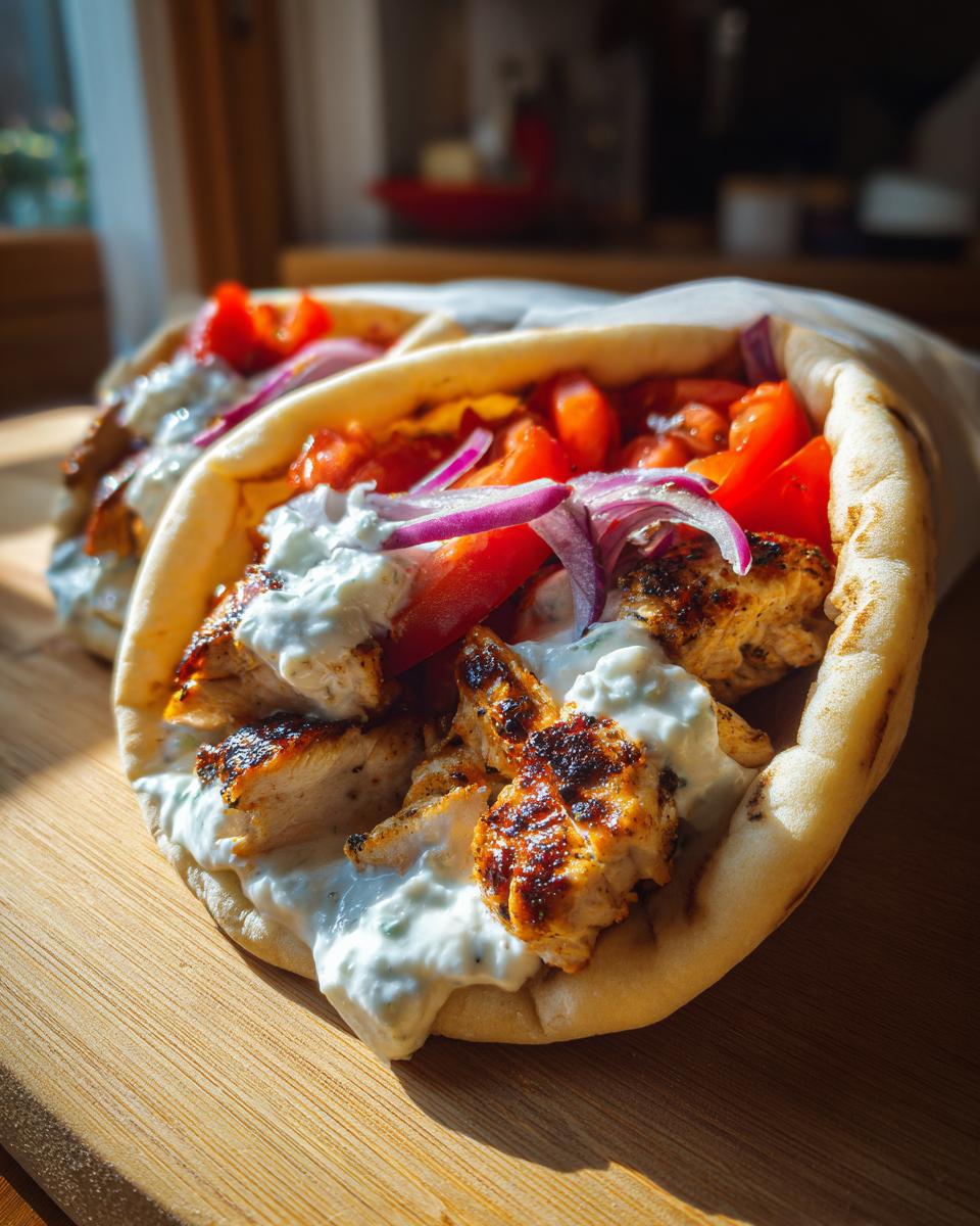 Nahaufnahme von zwei saftigen Hähnchen-Souvlaki im Fladenbrot mit Tzatziki, Tomaten und roten Zwiebeln.