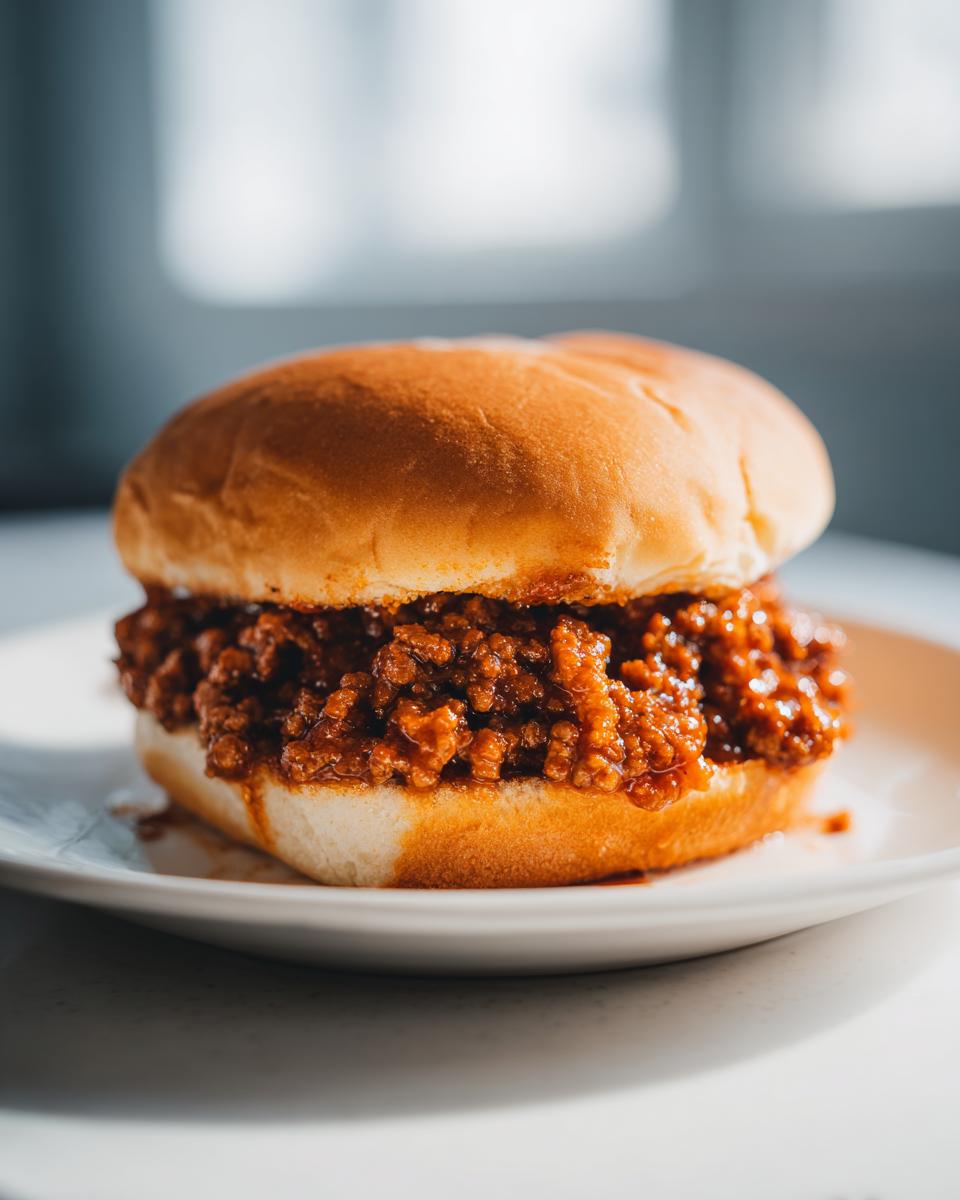 Nahaufnahme eines saftigen Sloppy Joe Sandwich auf einem weißen Teller, gefüllt mit würziger Hackfleischsauce.