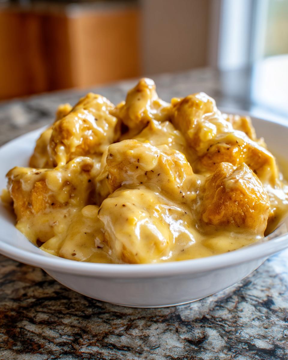 Nahaufnahme von saftigen Hähnchenstücken in einer cremigen Sahne-Hähnchen in Honig-Senf-Sauce in einer weißen Schüssel.