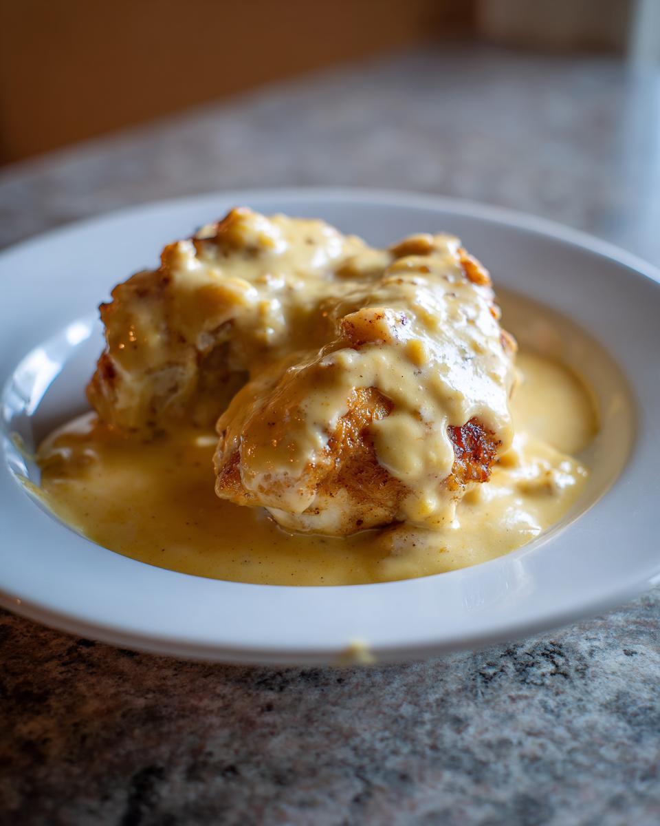 Zwei Stücke gebratenes Hähnchen, übergossen mit cremiger Honig-Senf-Sauce, serviert auf einem weißen Teller.