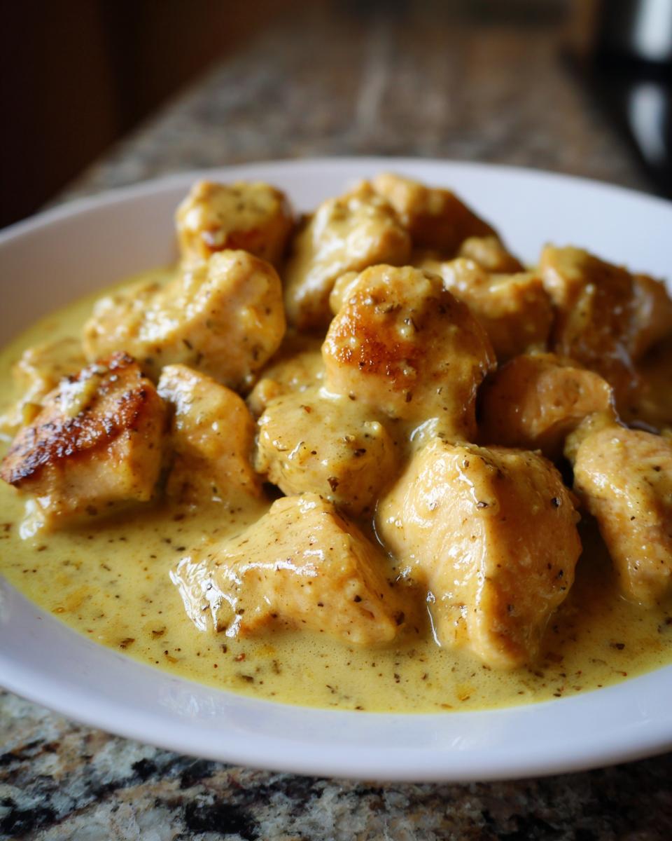 Goldbraune Hähnchenstücke in einer cremigen, gelblichen Honig-Senf-Sauce, das fertige Sahne-Hähnchen.