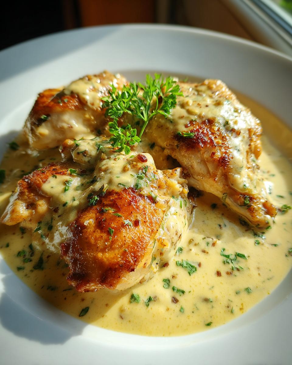 Drei goldbraun gebratene Hähnchenteile übergossen mit cremiger Honig-Senf-Sauce, garniert mit Petersilie.