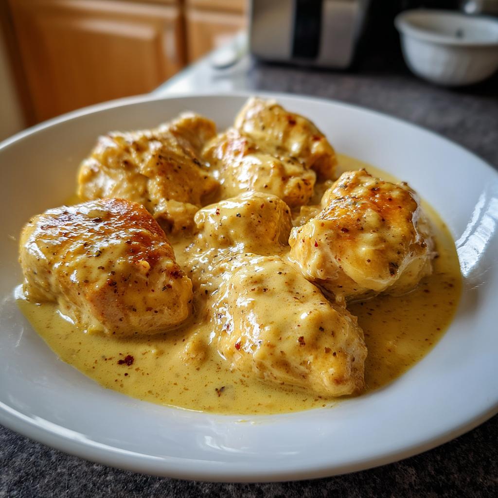 Nahaufnahme von saftigen Hähnchenstücken in cremiger Sahne-Hähnchen in Honig-Senf-Sauce auf einem weißen Teller.