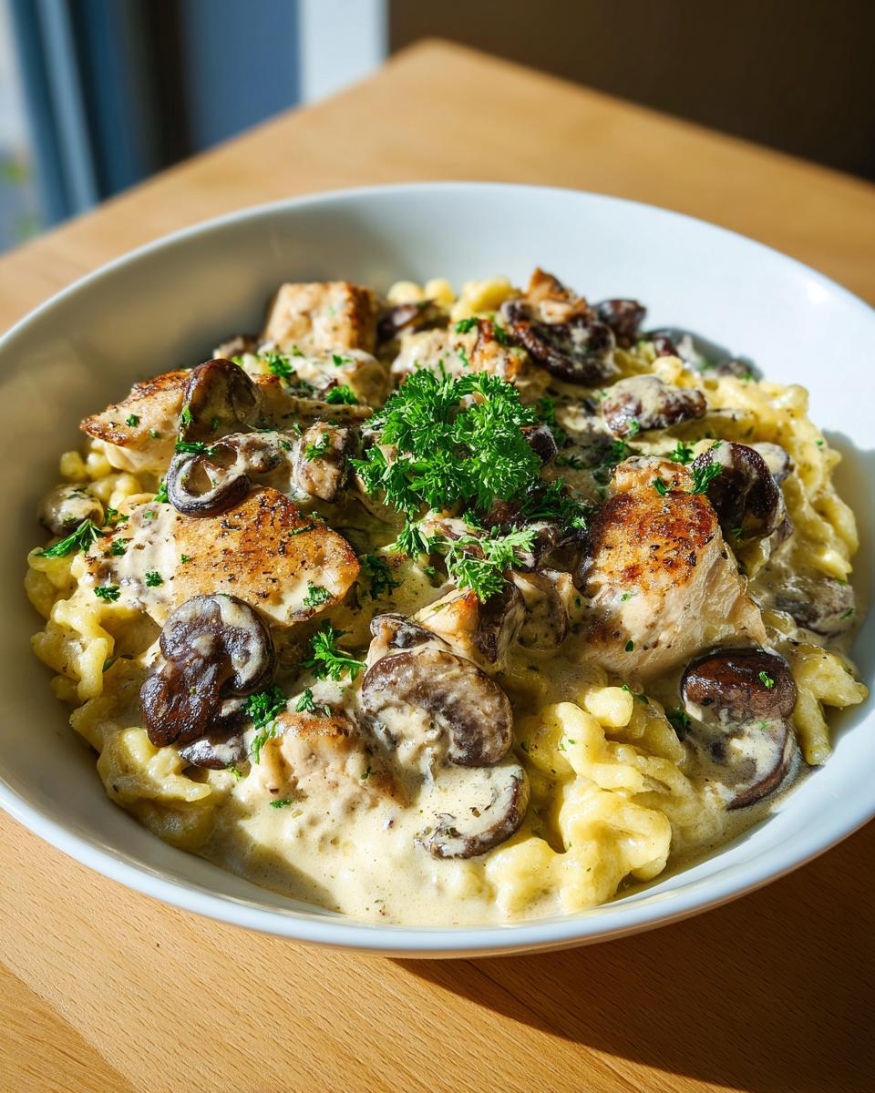 Eine Schüssel mit Sahnige Champignon-Pfanne mit Hähnchen und Spätzle, reichlich garniert mit Petersilie.