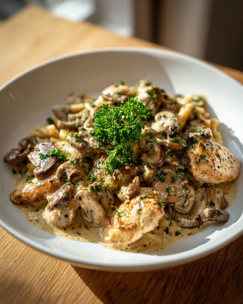 Teller mit Sahnige Champignon-Pfanne mit Hähnchen und Spätzle, garniert mit Petersilie.