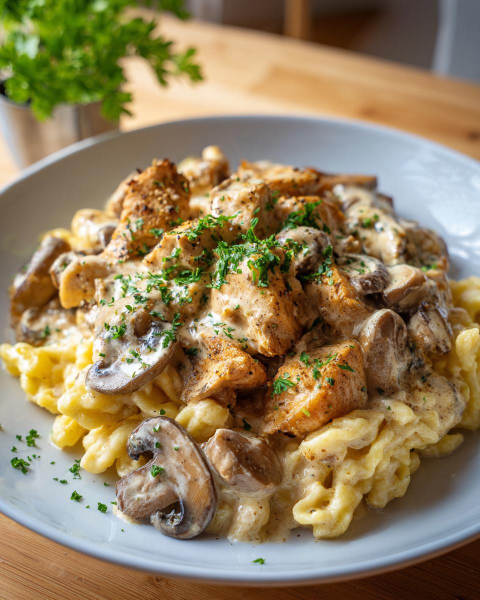 Nahaufnahme einer Sahnige Champignon-Pfanne mit Hähnchen und Spätzle, reichhaltig bedeckt mit cremiger Soße und Petersilie.