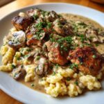 Teller mit Sahnige Champignon-Pfanne mit Hähnchen und Spätzle, üppig mit Petersilie garniert.