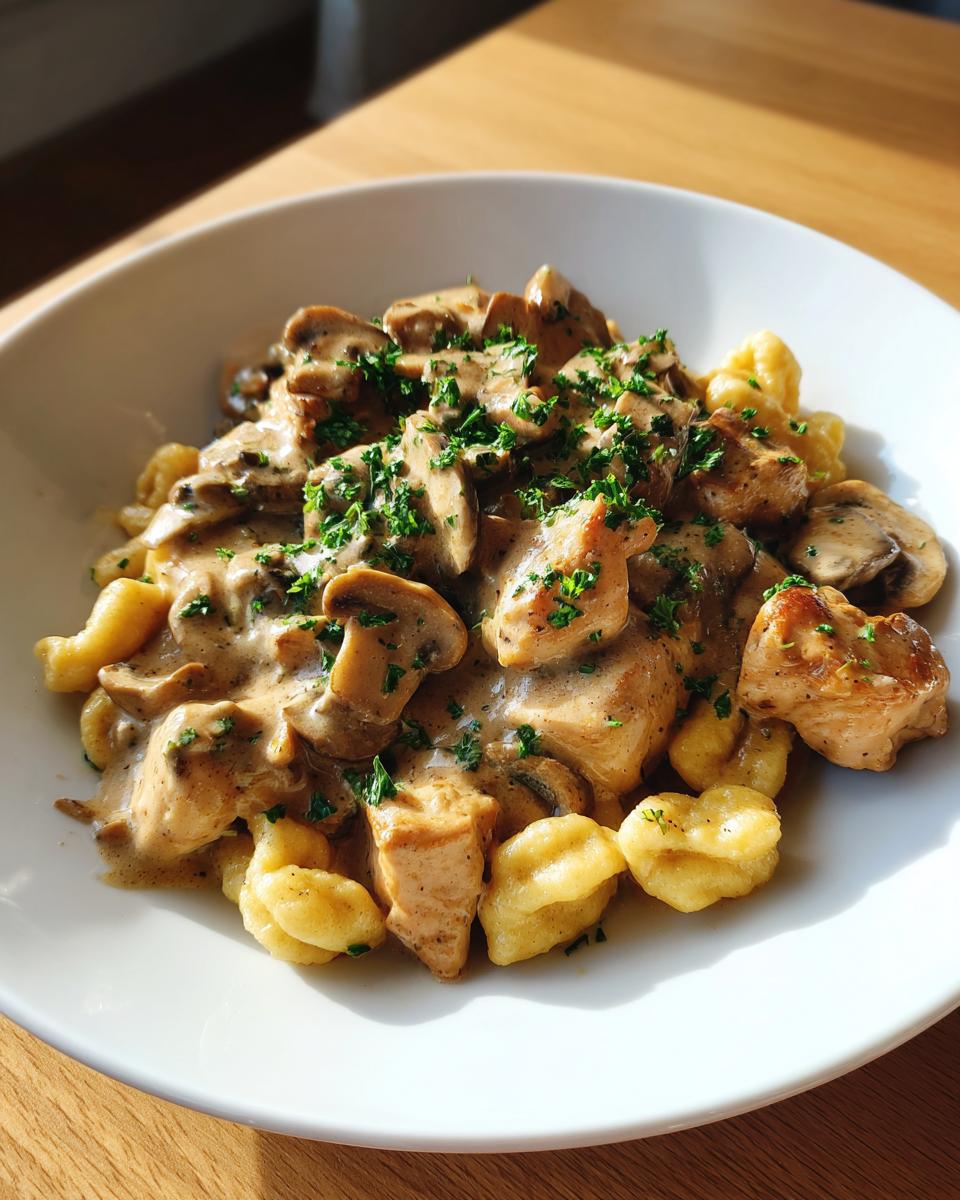 Nahaufnahme einer Sahnige Champignon-Pfanne mit Hähnchen und Spätzle, garniert mit Petersilie.