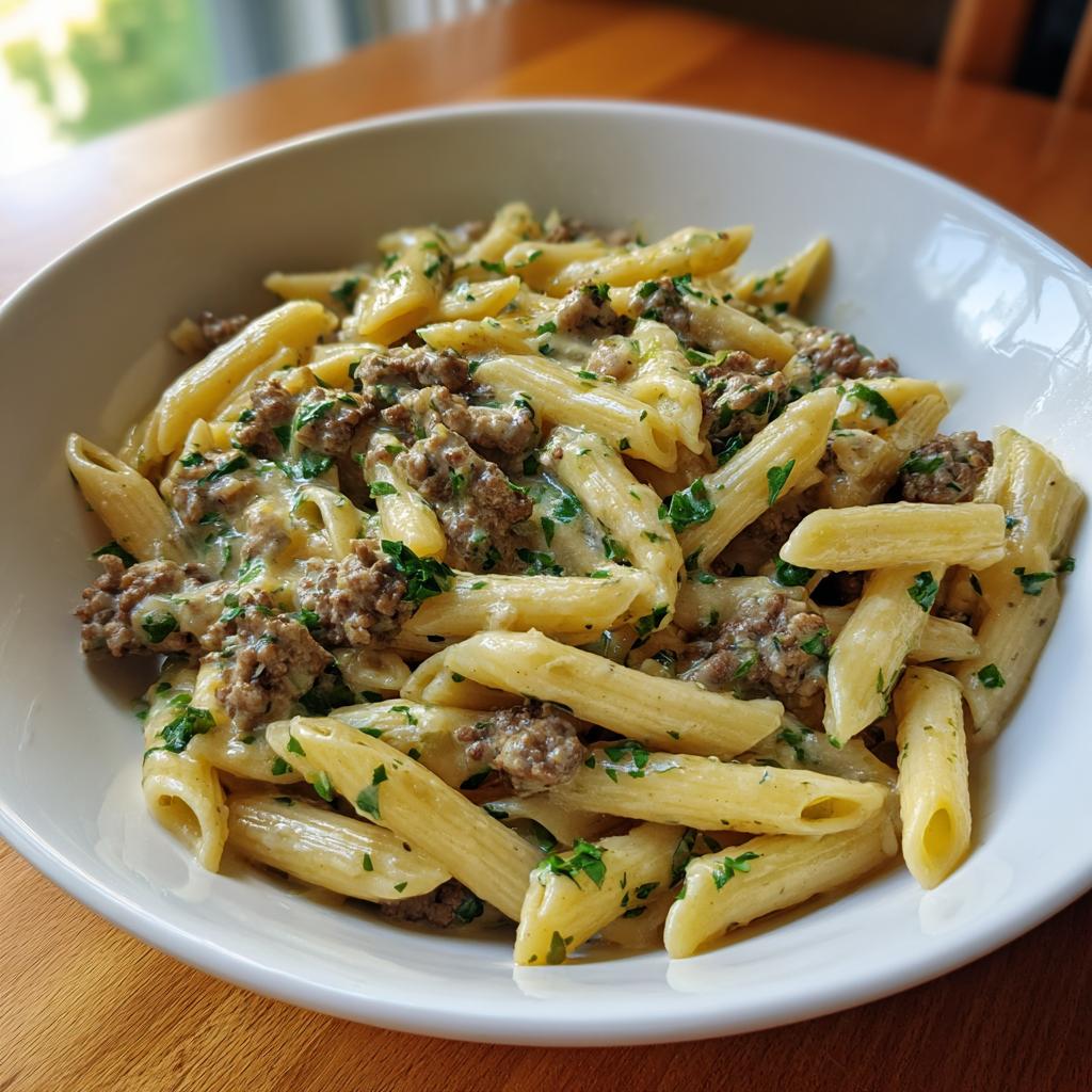 Nahaufnahme von Sahnige Kräuter-Hack-Pasta mit Hackfleischstücken und Petersilie in einer weißen Schüssel.