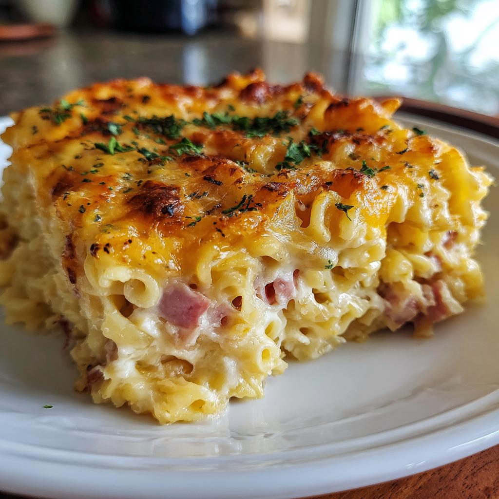 Ein saftiges Stück Sahniger Schinkennudel-Auflauf mit goldbraun überbackener Käsekruste.
