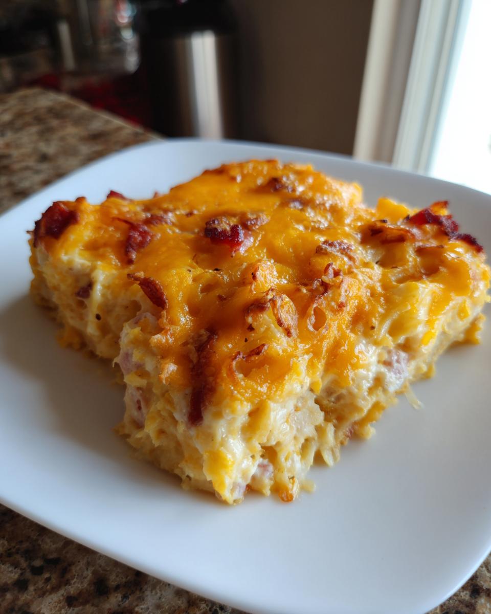 Ein großes Stück Sahniger Schinkennudel-Auflauf mit goldbrauner Käsekruste auf einem weißen Teller.