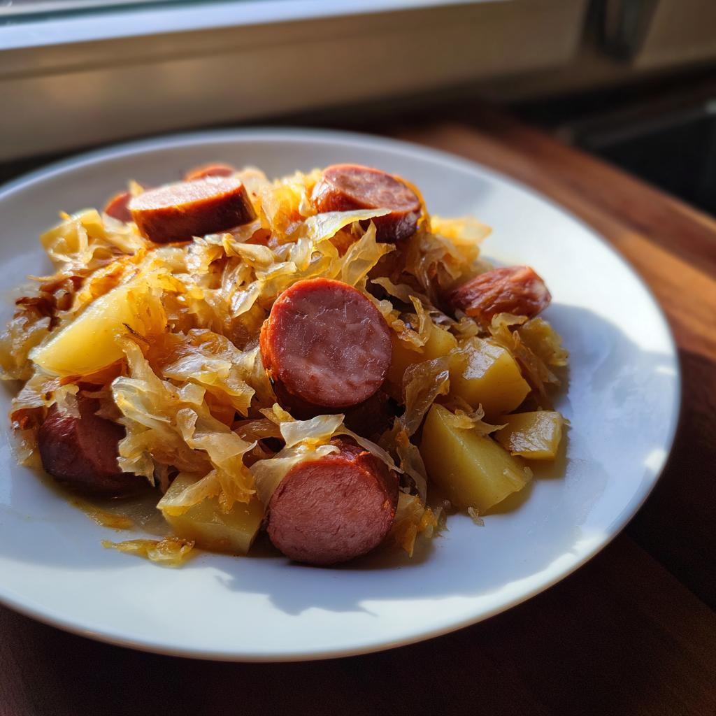 Ein Teller mit herzhaftem Sauerkraut und Kielbasa mit Kartoffeln, appetitlich angerichtet im Sonnenlicht.