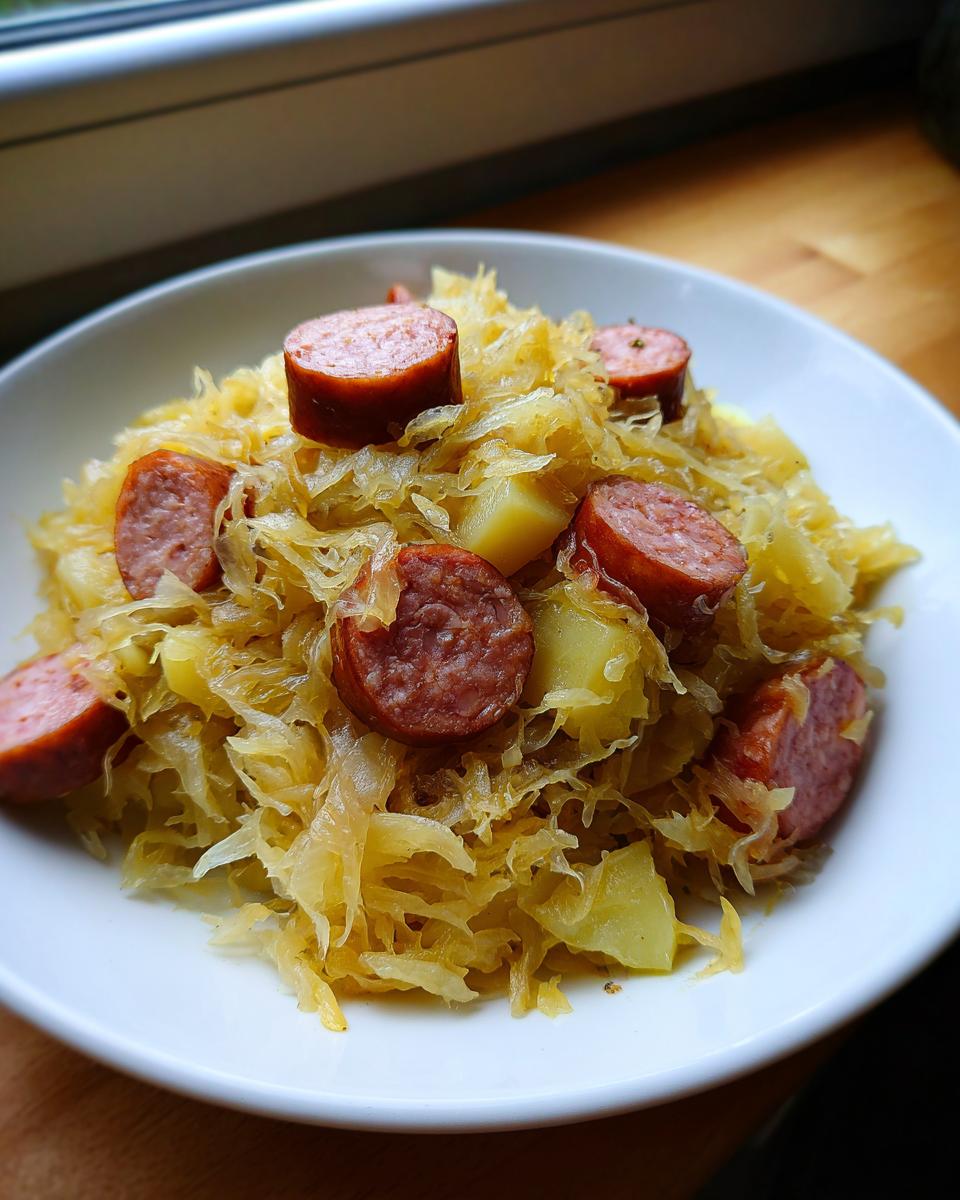 Nahaufnahme von Sauerkraut und Kielbasa mit Kartoffeln in einer weißen Schüssel.
