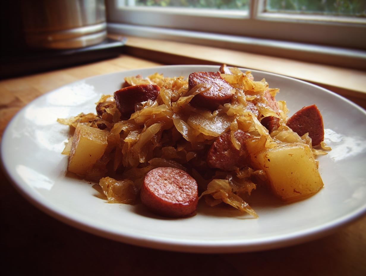 Nahaufnahme von Sauerkraut und Kielbasa mit Kartoffeln auf einem weißen Teller, bereit zum Genießen.