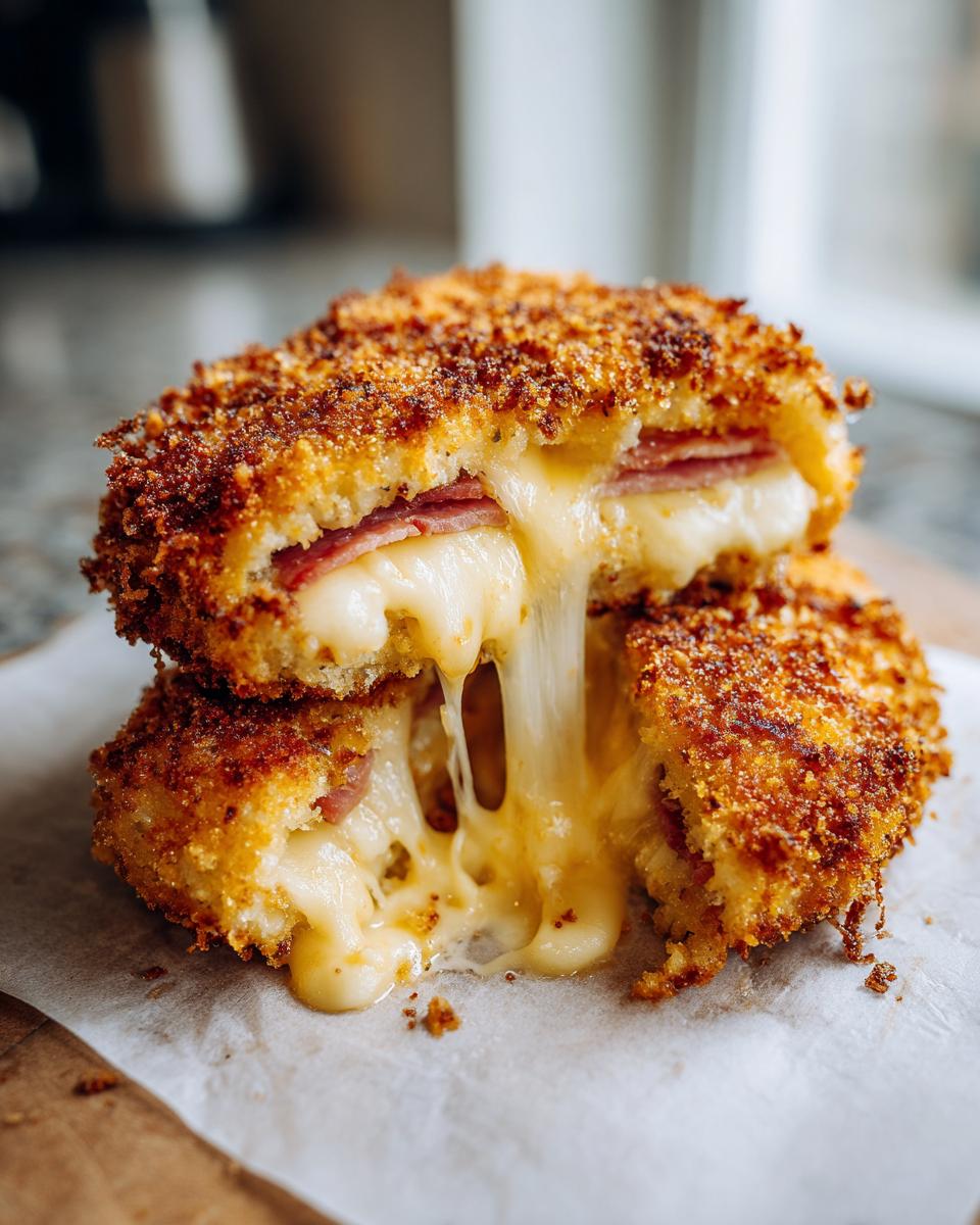 Aufgeschnittenes Schinken-Käse-Schnitzel mit extrem viel geschmolzenem Käse, der herausläuft.