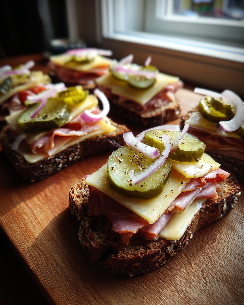 Mehrere belegte Bauernbrote für eine schnelle Brettljause mit Schinken, Käse, Essiggurken und Zwiebelringen.
